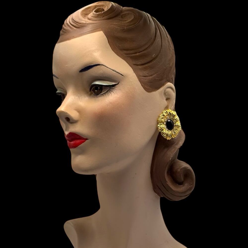 Vintage Kenneth Jay Lane Avon Sunflower Earrings Clip Signed Black Gold KJL - Picture 2 of 10